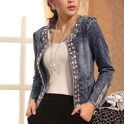 Dame denimjakke med rhinestones