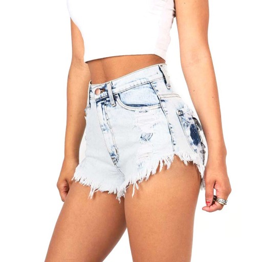 Dame flossede denimshorts med huller i lommerne