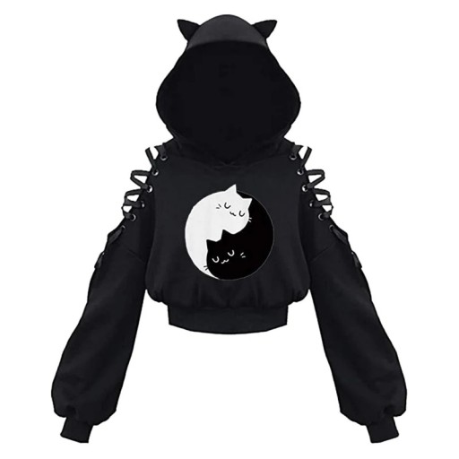 Dame hoodie med katteører Sort hoodie med katteprint og snøring på skuldrene Bomulds-polyester fritidsoverdel
