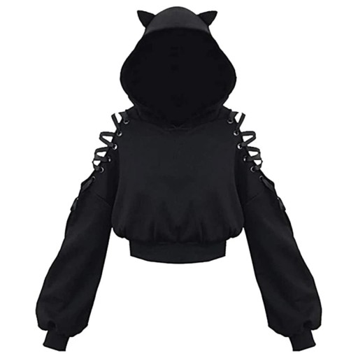 Dame hoodie med katteører Sort hoodie med snøring på skuldrene Bomulds-polyester komfortabel fritidsbeklædning