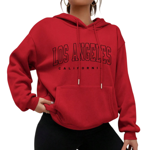 Dame hoodie med lommer Enfarvet hoodie i polyester med teksten Los Angeles Stilig fritidsbeklædning i forskellige farver