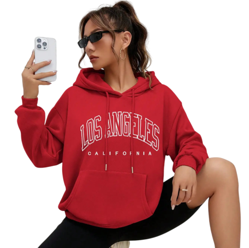 Dame hoodie med lommer Enfarvet hoodie med teksten Los Angeles Komfortabel fritidsoverdel i blødt polyester i forskellige farver