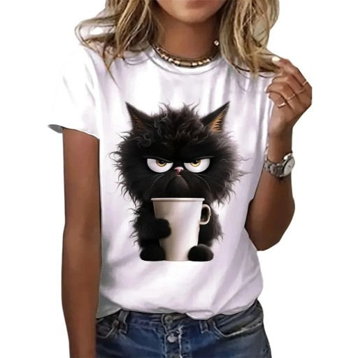 Dame hvid bomulds-T-shirt med sort vred kat med kaffeprint, sød kortærmet T-shirt, afslappet moderigtig sommertop