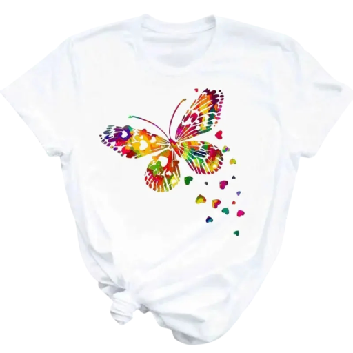 Dame kortærmet T-shirt med farverige sommerfuglehjerter og print, afslappet, behagelig pasform, fritids-T-shirt med motiv