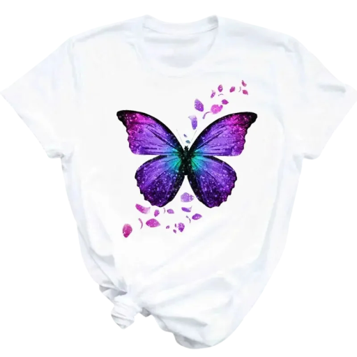 Dame kortærmet T-shirt med sommerfuglemotiv i rumstil lilla-blå effekt sommertop med print stilfuldt og behageligt snit