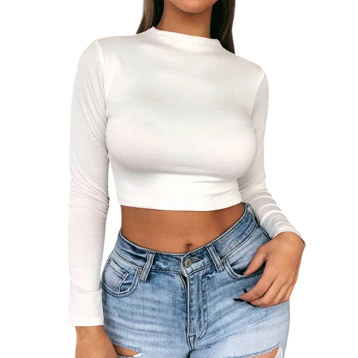 Dame langærmet crop T-shirt Elastisk figursyet T-shirt Rund halsudskæring Elegant T-shirt til hverdag og aftenbrug