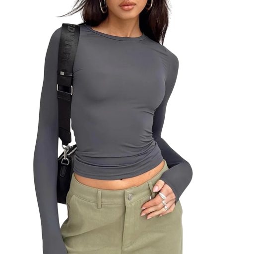 Dame langærmet T-shirt Elegant, tætsiddende snit Åndbart materiale Moderigtig taljetop Stilfuld T-shirt til hverdagsbrug