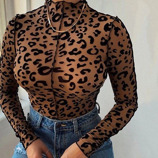 Dame leopard-bodysuit med lange ærmer B776