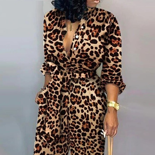 Dame leopard jumpsuit med lange ærmer B869