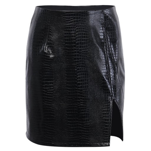 Dame mini nederdel i kunstlæder med krokodillemønster Skinnende overflade og slids foran Tætsiddende pencil snit med spandex