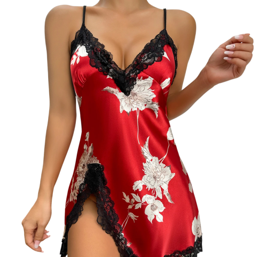 Dame natkjole med blomsterprint og blonder Elegant ensfarvet natkjole med V-udskæring Slids Let polyester Forskellige farver