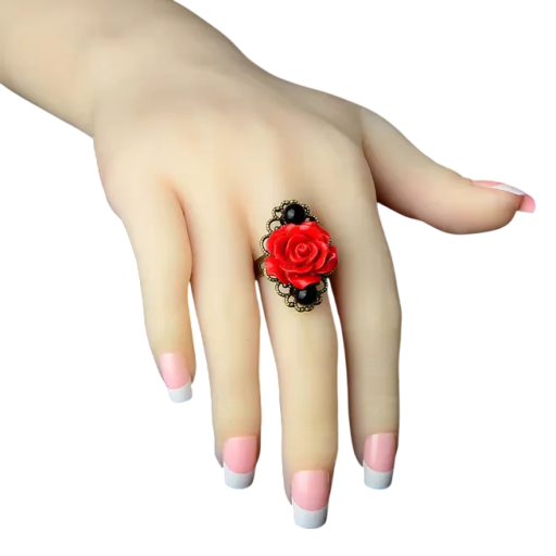 Dame ring Rose Justerbar størrelse Rød rose Vifte dekorativ baggrund To sorte sten Elegant smykke