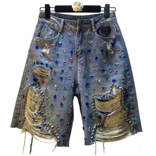 Dame's ripped denim shorts med farverige perler og høj talje blå denim shorts med huller og frynset kant til sommer
