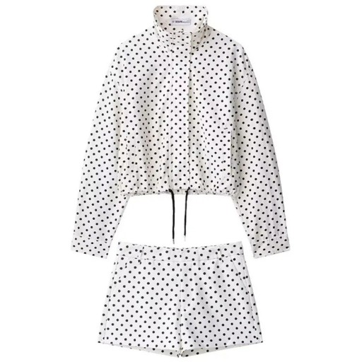 Dame sæt jakke og shorts med prikker med ståkrave og snøring i polyester til fritid om sommeren i byen og til almindelig brug