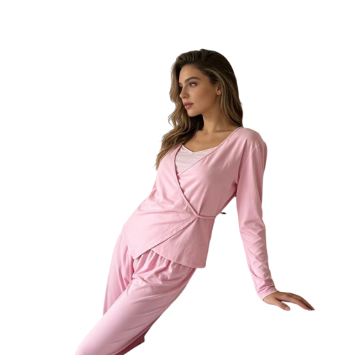 Dame sæt t-shirt med lange ærmer og bukser V-hals og draperet forstykket Elastisk talje Materiale bomuld Rosa farve Til hjemmebrug