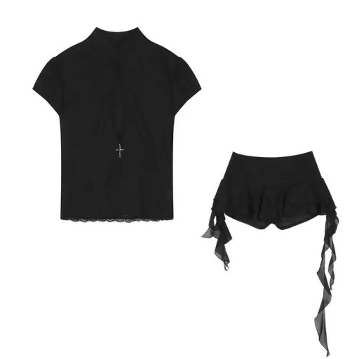 Dame sæt to-delt top med ståkrave og blonde og shorts med volanger polyester bomuld og elastan sort i gotisk stil til fest og udendørs