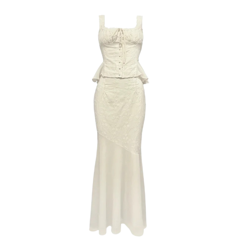 Dame Sæt Top med Rynker og Snøring og Peplum Kant og Maxi Nederdel med Fiskesnit Polyester og Bomuld Creme Farve til Selskabelige Begivenheder
