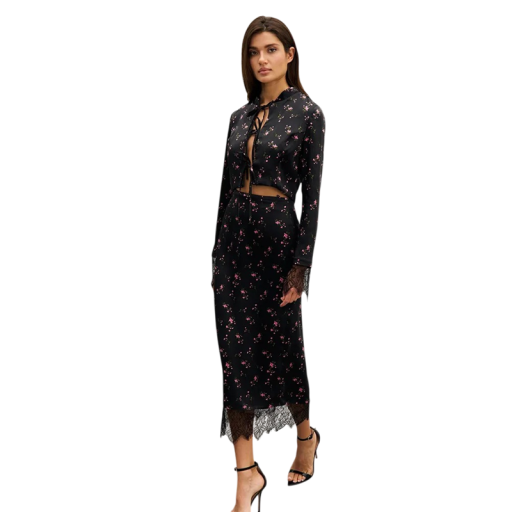 Dame sæt top og lang nederdel Sort farve med blomsterprint i polyester og elastan Blondekant Bindebånd ved halsen Lange ærmer Fritid og fest
