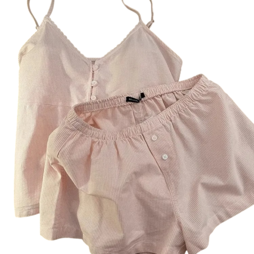 Dame sæt top og shorts til at sove Tynde stropper Knaplukning Elastisk talje Bomuld og polyester Lyserød Til at sove og hjemmebrug