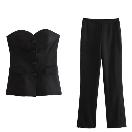 Dame sæt top uden stropper og bukser Elegant snit i polyester Knaplukning Lange ben Fritid og sociale anledninger