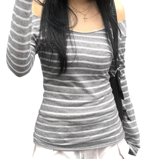 Dame Stribet Langærmet T-shirt Off Shoulder Slim Fit Top Elegant Strækbart Materiale Moderigtigt Behageligt Afslappet Slid