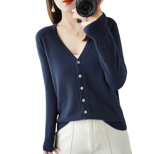 Dame strikket cardigan med V-udskæring Elegant sweater med knapper Ensfarvet mode sweater Forskellige farver Polyester Akryl