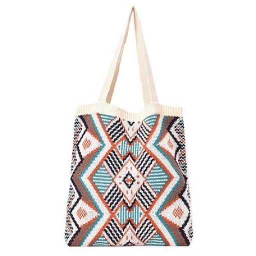 Dame strikket skuldertaske i etno stil Geometrisk mønster af rhombusser Lange hanke Ribbet øverste kant Materiale uld 35 x 38 cm