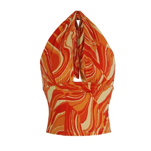Dame T-shirt Crop Top orange med farverige mønstre V-udskæring Bredte stropper omkring halsen Stilfuld T-shirt polyester spandex