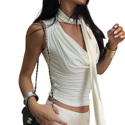 Dame T-shirt ensfarvet V-hals Bredte stropper Halstørklæde Polyester bomuld elegant sommer top