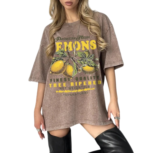 Dame T-shirt med citronprint Oversize model Vintage-skrift Premium Fresh Behagelig pasform Streetwear Kortærmet T-shirt
