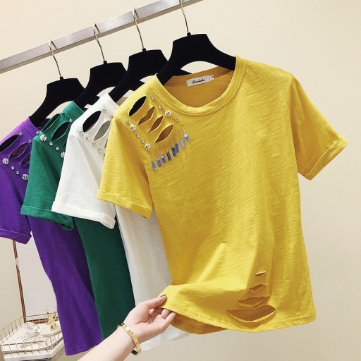 Dame T-shirt med dekoration og udskæringer B384