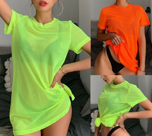 Dame T-shirt med gennemsigtig neonprint