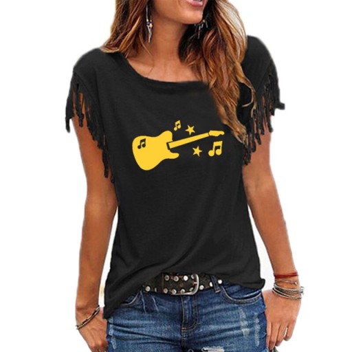 Dame T-shirt med guitarprint
