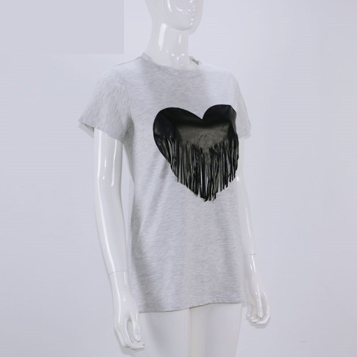 Dame T-shirt med hjerteprint og frynser
