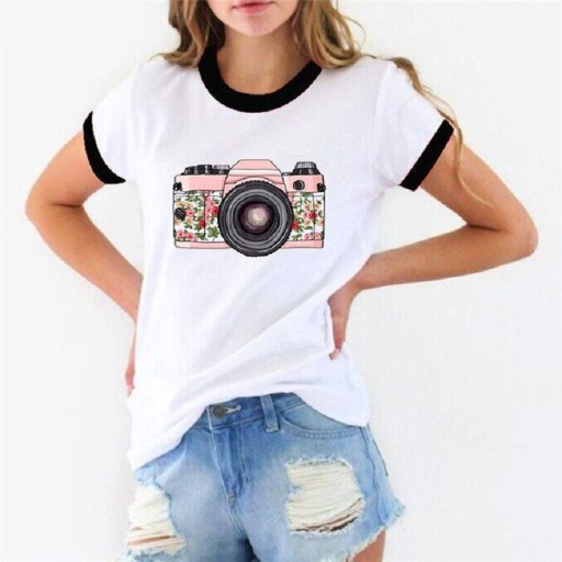 Dame-T-shirt med kameraprint