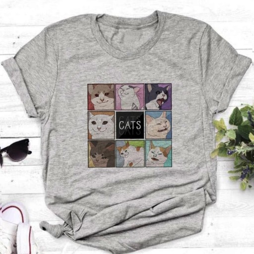 Dame T-shirt med katteprint B229