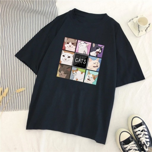 Dame T-shirt med katteprint B229
