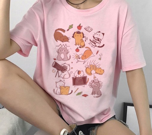 Dame T-shirt med katteprint B360
