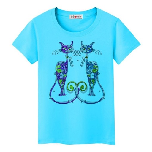 Dame T-shirt med katteprint B385