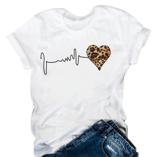 Dame T-shirt med korte ærmer, stilfuld leopardprint med hjerter og hjerteslag, afslappet T-shirt, moderigtig top med hjertemotiv