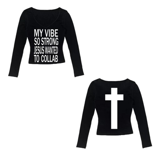 Dame T-shirt med lange ærmer, V-hals og streetwear, kristent motivprint foran og kors bagpå - Stilfuld Faith in Fashion