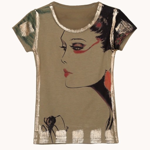 Dame-T-shirt med portrætprint