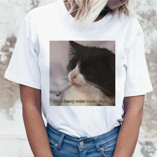 Dame T-shirt med sjovt katteprint