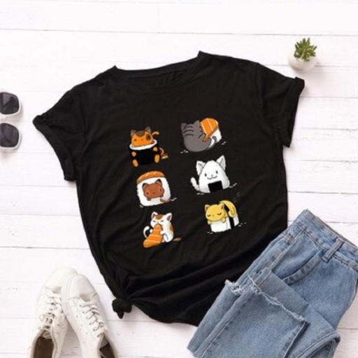 Dame T-shirt med sushi- og katteprint