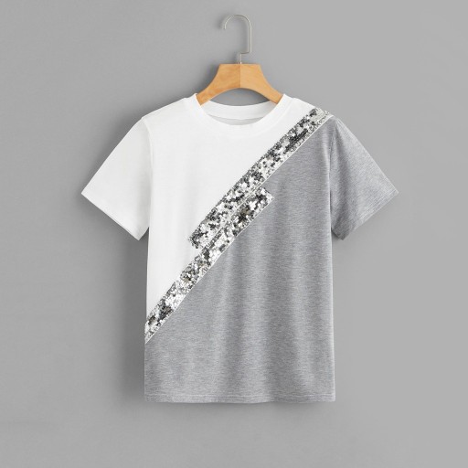 Dame T-shirt med to farver og pailletter