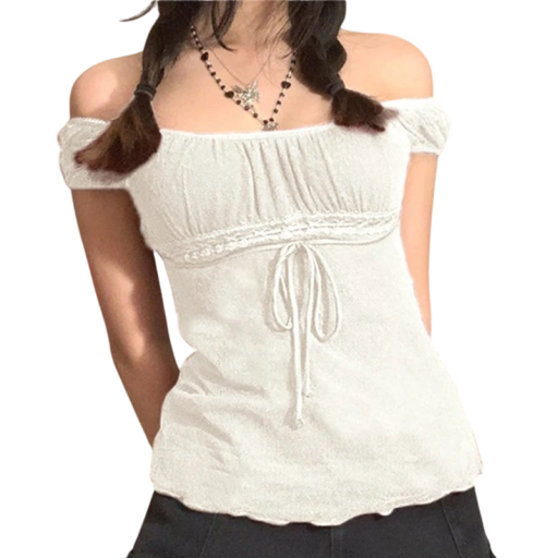 Dame top T-shirt med blondedetaljer Blondeærmer Snøring i taljen Elegant bluse med rund hals Til fritid og aftenbrug