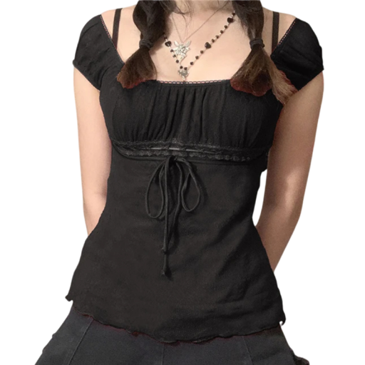 Dame top T-shirt med blondedetaljer Blondeærmer Snøring i taljen Elegant bluse med rund hals Til fritid og aftenbrug