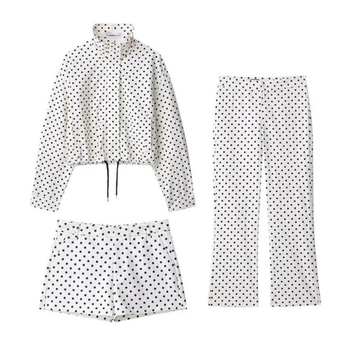 Dame tre-delt sæt jakke shorts og bukser med prikker med ståkrave og snoretræk hvid i polyester til sommer i byen og udendørs