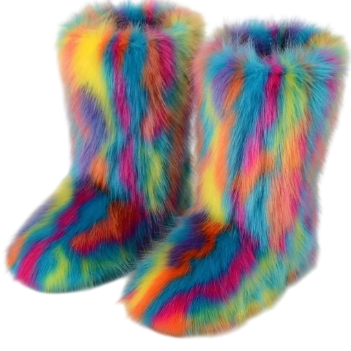 Dame vinterstøvler med pels, slip-on sneaks med lang pels, gummimateriale, regnbuefarvet design, til sne og gåture