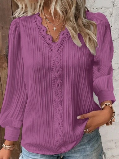 Dameblonbluse med V-hals Elegant bluse med lange ærmer Afslappet stil til arbejde og aften Åndbart luftigt materiale